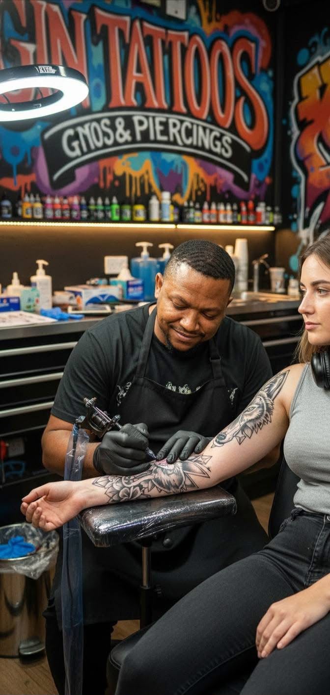 Tattoo artist working on a client's tattoo at Gin Tattoos in Brits